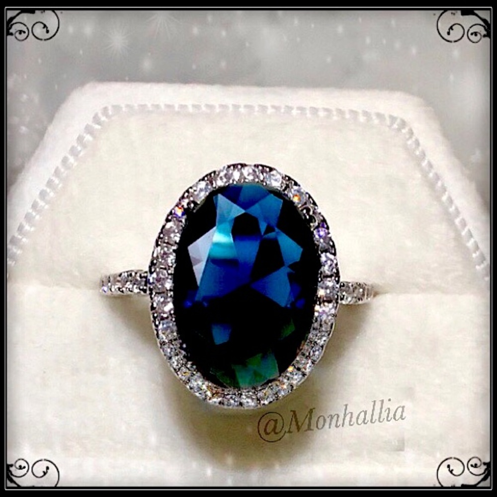 NEW SILVER OVAL Ocean London BLUE DEEP CERULEAN SIMULATED DIAMOND RING 8